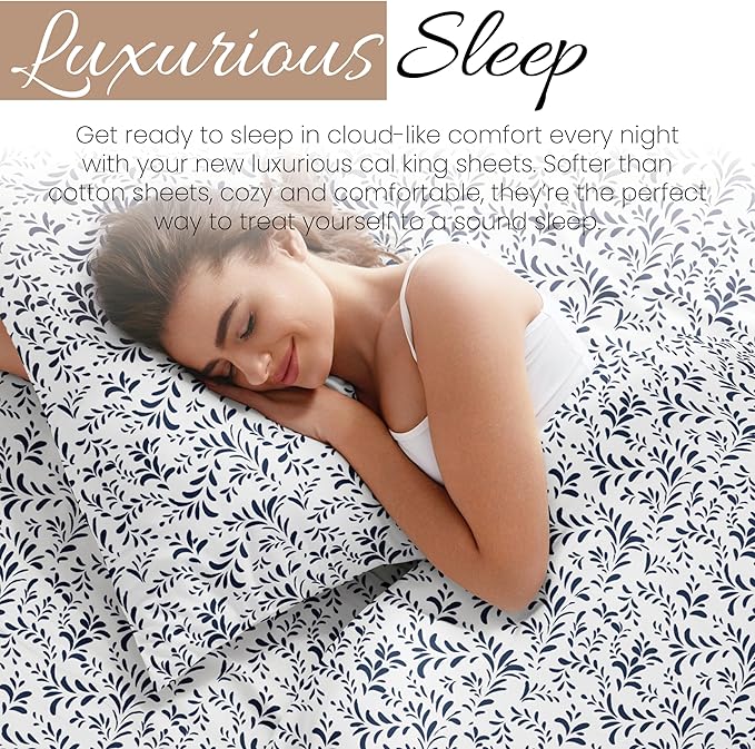 Linen Market Double-Brushed Patterned Microfiber California King Sheet Set 4 Piece – OEKO-TEX Certified Ultra Soft & Wrinkle-Free - 16" Deep Pocket Sheets Easy Care Cal-King Size - Burst of Vines Navy