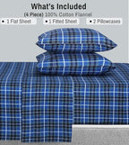 RUVANTI Flannel Sheets California King Size - 100% Cotton Brushed Cal King Bed Sheets Set - Deep Pockets 14 Inches - All Seasons Breathable & Extra Soft - Warm & Cozy, 4 Piece, Blue Plaid
