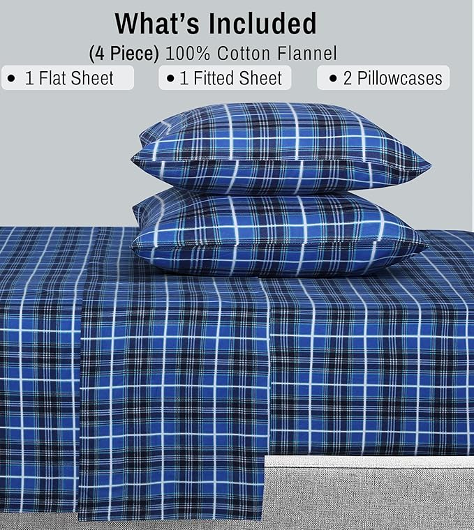 RUVANTI Flannel Sheets California King Size - 100% Cotton Brushed Cal King Bed Sheets Set - Deep Pockets 14 Inches - All Seasons Breathable & Extra Soft - Warm & Cozy, 4 Piece, Blue Plaid
