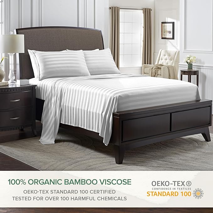 Full Sheets by Pure Bamboo, Genuine 100% Organic Viscose Derived from Bamboo Bed Sheet Set, Luxuriously Soft & Cooling, Double Stitching, Lifetime Quality Promise (Full, Jacquard White)