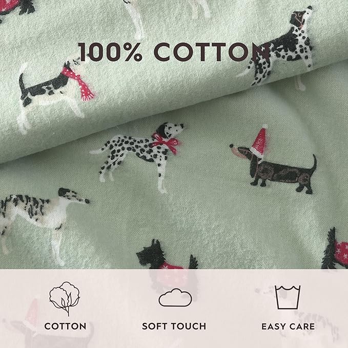 Laura Ashley - Flannel Sheets Full Size, Anti-Pilling & Wrinkle Resistant Cotton, Touchably Soft for All-Season Comfort - Bed Sheets with Matching Pillowcases & Fitted Sheet (Holiday Pups Green)
