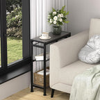 End Table for Small Space, 3-Tier Narrow Side Table with Magazine Holder,Slim Nightstand, Skinny Snack Couch Table in Living Room, Bedroom Study and Balcony (Grey)