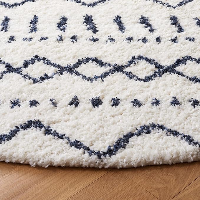 SAFAVIEH Arizona Shag Collection Area Rug - 5'1" Round, Ivory & Slate, Moroccan Design, Non-Shedding, 1.6-inch Thick, Ideal for High Traffic Areas in Living Room, Bedroom (ASG741M-5R)