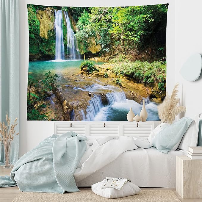 Lunarable Nature Tapestry King Size, Green Forest Waterfall and River Pool Pond Water Source Earth Landscape, Wall Hanging Bedspread Bed Cover Wall Decor, 104" X 88", Pale Brown and Green