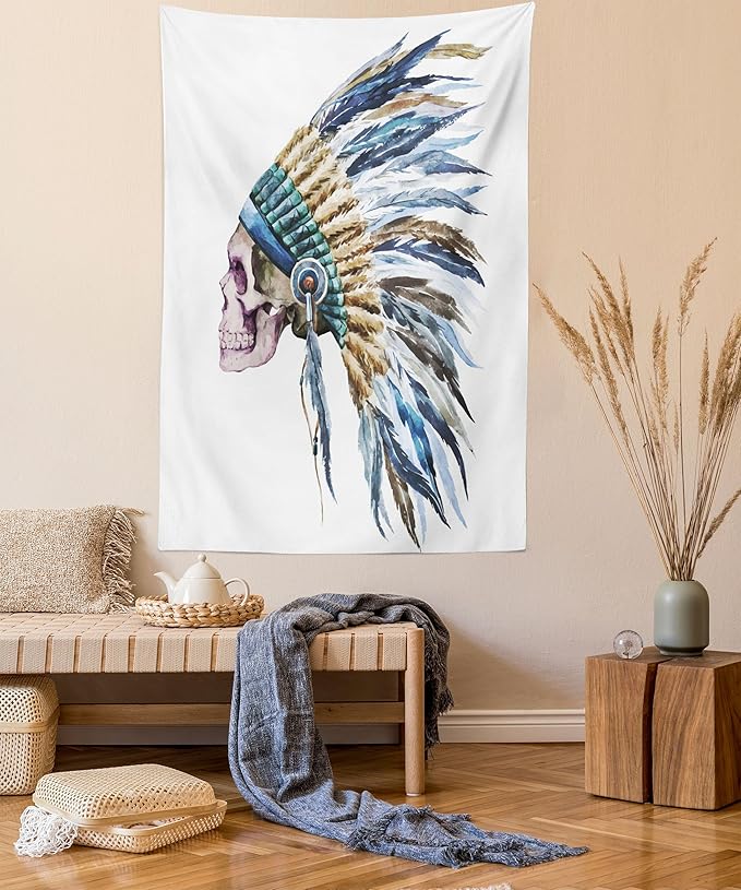 Lunarable Watercolor Tapestry, Skull Native Hat Indigenous Cultures Circle of Life Death, Wall Hanging for Bedroom Living Room Dorm Decor, 40" X 60", Cream Blue