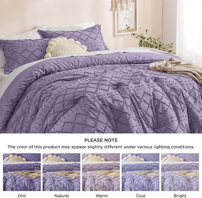 Bedsure Queen Comforter Set - Grayish Purple Comforter, Boho Tufted Shabby Chic Bedding for Kids, 3 Pieces Vintage Farmhouse Bed Set for All Seasons, Fluffy Soft Bedding with 2 Pillow Shams