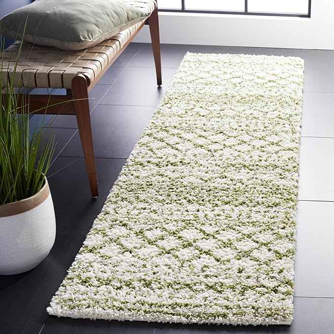 SAFAVIEH Arizona Shag Collection Runner Rug - 2'3" x 10', Ivory & Green, Moroccan Design, Non-Shedding & Easy Care, 1.6-inch Thick, Ideal for The Living Room, Bedroom, Dining Room (ASG741Y-210)