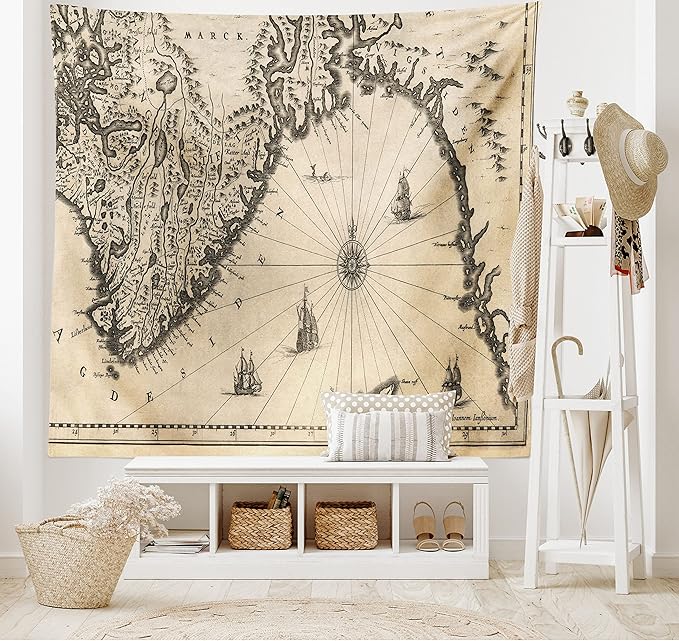 Ambesonne World Map Tapestry, Map of Southern Part of The Norway Vikings World Old Scandinavian Land, Wide Wall Hanging for Bedroom Living Room Dorm, 60" X 40", Cream Grey