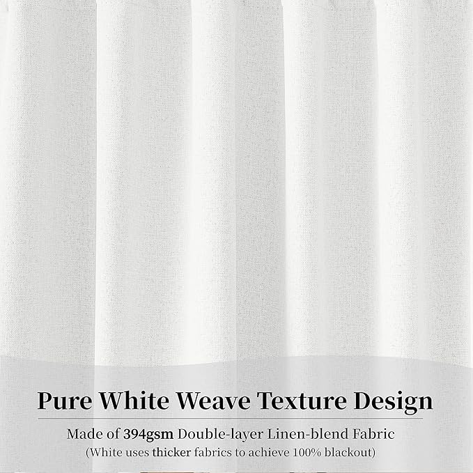 KangBang Pure White Blackout Curtains 84 Inch Length, Faux Linen Room Darkening Curtains for Bedroom Living Room, Back Tab Loop Pocket Pleated Light Blocking Drapes, 52Wx84L, 2Pcs