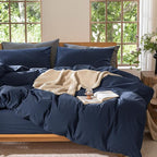 MooMee Bedding Duvet Cover Set 100% Washed Cotton Linen Like Textured Breathable Durable Soft Comfy (Solid Navy, King 104"x90")