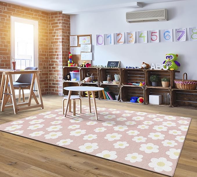 Flagship Carpets Schoolgirl Style Retro Daisies on Pink Educational Area Rug for Kids Room Seating Décor, Children's Classroom, Play Carpet for Teaching and Playroom, 7'6 "x 12'