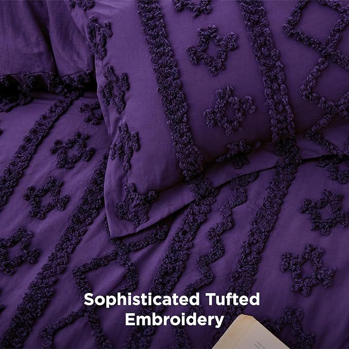 Bedsure Tufted Boho Comforter Set King Size - Purple Boho Bed Set, GentleSoft™ 3 Pieces Farmhouse Shabby Chic Embroidery Bedding, Gifts for Woman, Soft Jacquard King Comforter for All Seasons