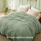 Bedsure Cooling Cotton Waffle Queen Size Blanket - Lightweight Summer Blanket of Rayon Derived from Bamboo for Hot Sleepers, Luxury Throws for Bed, Couch and Sofa, Forest Green, 90x90 Inches