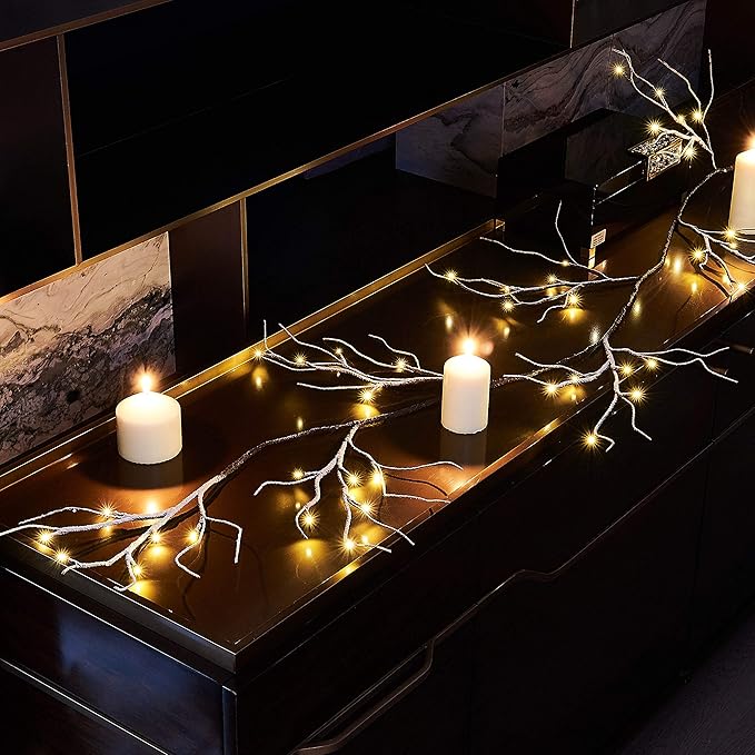 Hairui Lighted Garland Snow Flocked with Timer 6FT 48 LED Battery Operated Pre-lit Twig Vine Firepalce Mantle Table Winter Christmas Decoration Indoor Outdoor
