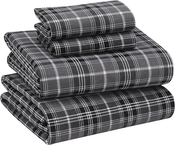 RUVANTI Flannel Sheets Full Size - 100% Cotton Double Brushed Bed Sheets Set, Deep Pockets 16 Inches, All Seasons Breathable & Extra Soft Full Sheets, Warm & Cozy, 4 Piece, Grey Plaid