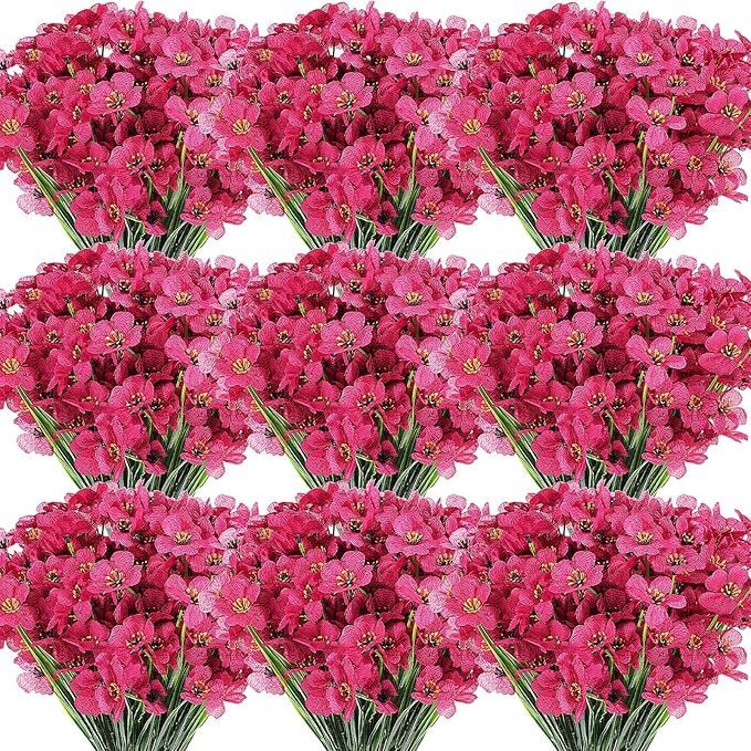 Lyrow 100 Bundles Violet Artificial Flowers, UV Resistant Faux Flowers Outdoor, Faux Silk Flowers, Fake Violet Flowers Bulk for Front Porch Hanging Garden Courtyard Farmhouse Home(Rosy)