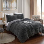 King Luxury Faux Fur Comforter Set - Soft & Breathable 7-Piece Bedding Collection - 1 Comforter, 1 Fitted Sheet, 1 Flat, 2 Pillowcases, 2 Pillow Shams - Deep Pocket - Premium Quality, Dark Gray