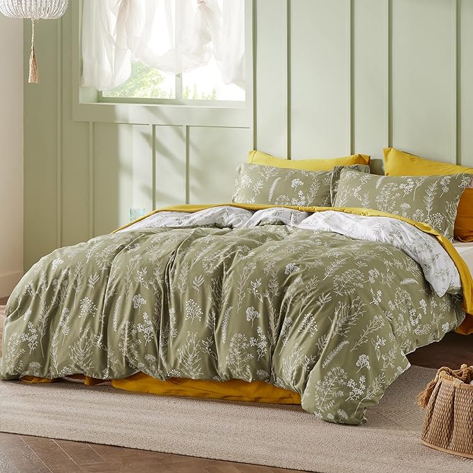 Bedsure King Comforter Set - Olive Green Bed Set, 3 Pieces Cute Floral Bedding, 1 Soft Reversible Botanical Flowers Comforter and 2 Pillow Shams
