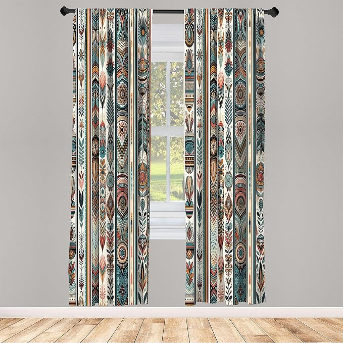 Ambesonne Ethnic Curtains, Folkloric Style Floral Ornaments with Bohemian Oriental Motifs as Stripes, Window Treatments 2 Panel Set for Living Room Bedroom, Pair of - 28" x 84", Teal Coral and Orange