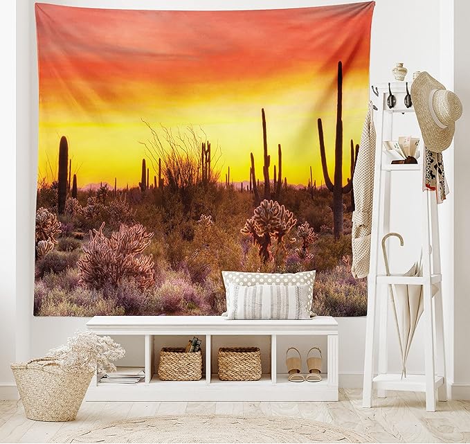 Ambesonne Saguaro Tapestry, Sun Rays Over Sonoran Desert at Sunset Brittle Bush Shrub Vibrant Colors, Wide Wall Hanging for Bedroom Living Room Dorm, 60" X 40", Red Orange Black