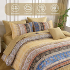 Boho Queen Comforter Set 8 Pieces, Yellow Bohemian Striped Bed in a Bag, Paisley Soft Microfiber Bedding Comforter Set