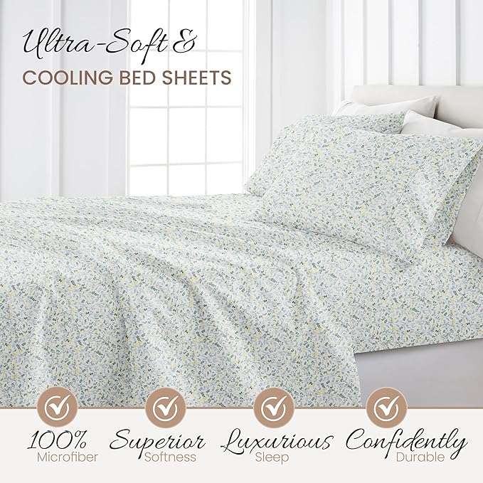 Linen Market 4 Piece Queen Sheet Set - Breathable, Double-Brushed Patterned Cooling Sheets – Oeko-TEX Certified Ultra Soft & Wrinkle-Free 16" Deep-Pocket Queen Sheets - Easy Care Wildflower Blue