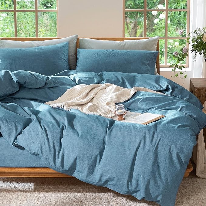MooMee Bedding Duvet Cover Set 100% Washed Cotton Linen Like Textured Breathable Durable Soft Comfy (Heathered Peacock Blue, Super Queen 90"x98")