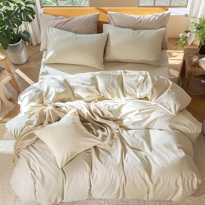 MooMee Bedding Duvet Cover Set 100% Washed Cotton Linen Like Textured Breathable Durable Soft Comfy (Heathered Almond Milk Grey, Oversized King Plus 128"x120")