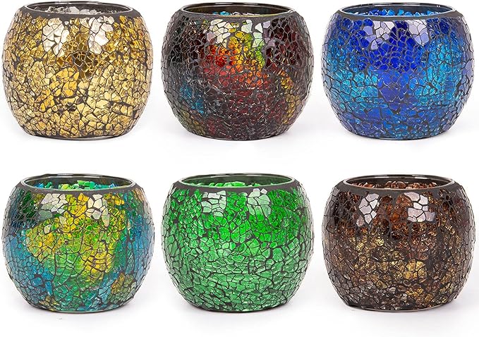 Rancco Glass Votive Candle Holder for Tealight, 6 Set Romantic Stained Mosaic Tealight Candle Holders, Handmade Cracked Aromatherapy Candle Lamp for Valentine, Party, Christmas Table Centerpiece Decor