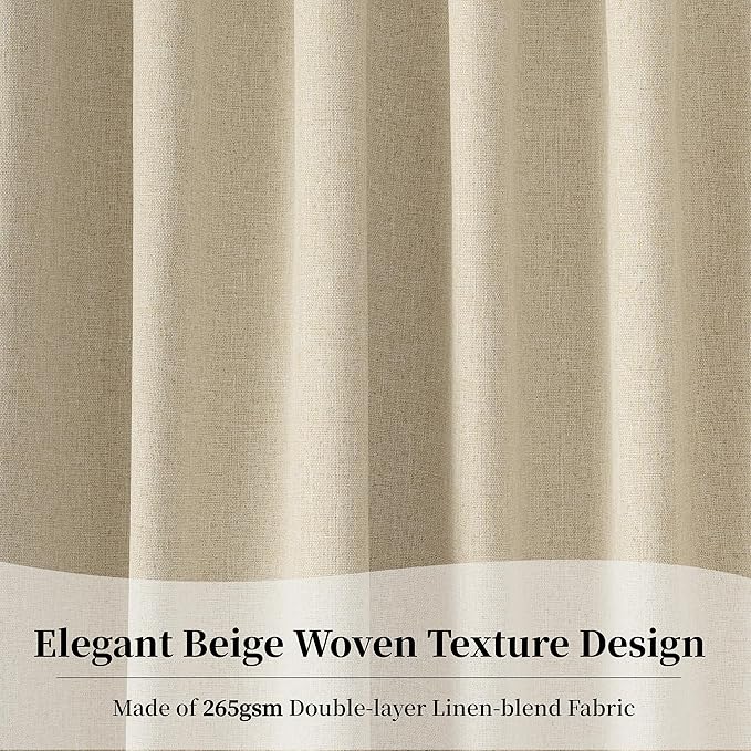 KangBang Latte Beige Blackout Curtains 102 Inches Long, Thermal Insulated Light Blocking Back Tab Pleated Curtains for Living Room, Soft Linen Textured Farmhouse Boho Curtains 2 Panels, 52x102 Inch