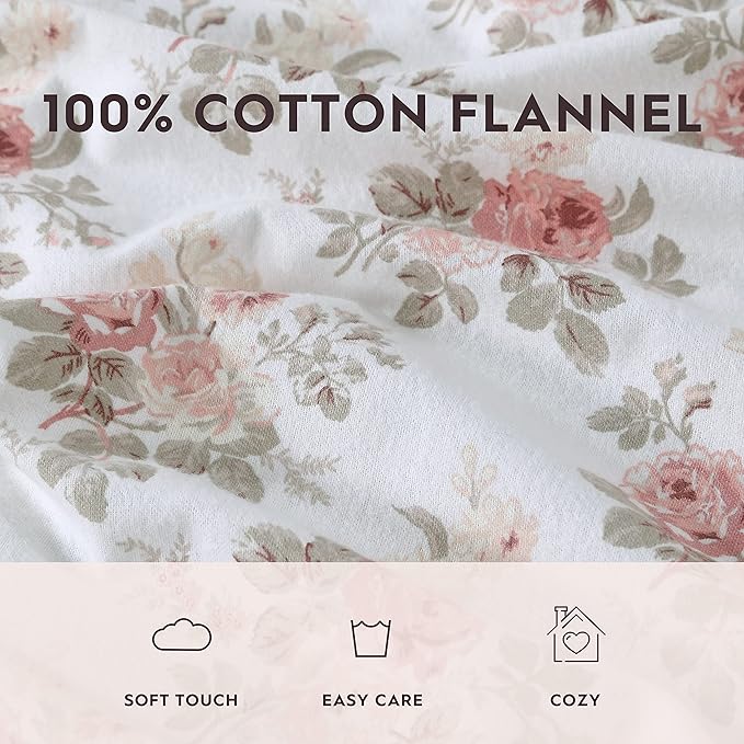 Laura Ashley - Flannel Sheets Queen Size, Anti-Pilling & Wrinkle Resistant Cotton, Touchably Soft for All-Season Comfort - Bed Sheets with Matching Pillowcases & Fitted Sheet (Lisalee Pink)