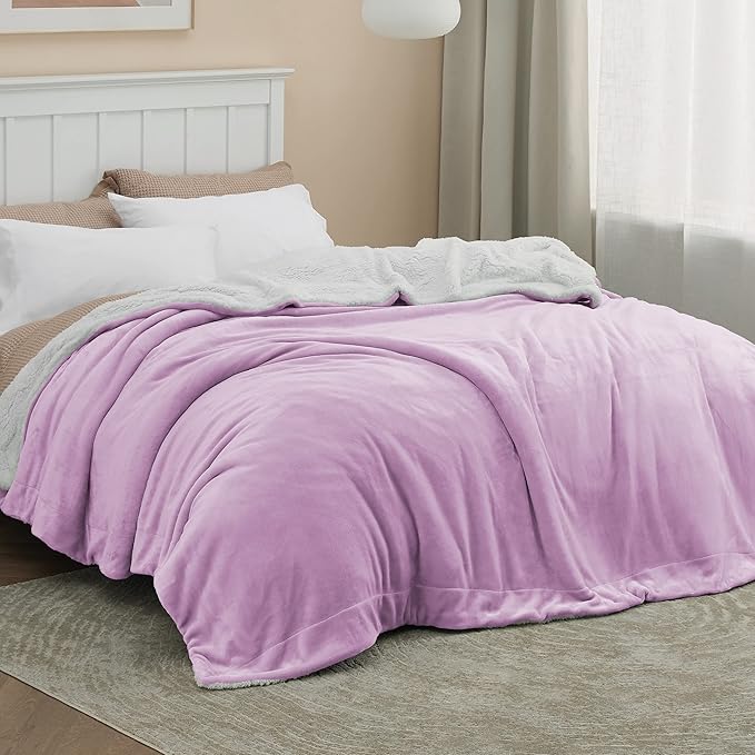 Bedsure GentleSoft Sherpa Fleece Blankets Queen Size for Bed - Thick and Warm Throw for Girls and Women, Soft Fuzzy Plush Queen Blanket for Winter, Lilac, 90x90 Inches