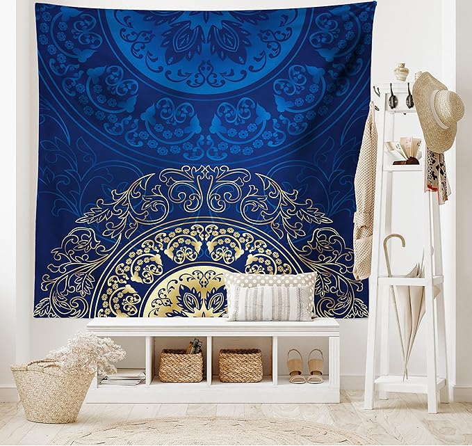 Lunarable Royal Blue Tapestry King Size, Vintage Eastern Circular Floral Old Fashioned Design, Wall Hanging Bedspread Bed Cover Wall Decor, King Size, Blue Yellow