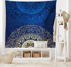 Lunarable Royal Blue Tapestry King Size, Vintage Eastern Circular Floral Old Fashioned Design, Wall Hanging Bedspread Bed Cover Wall Decor, King Size, Blue Yellow