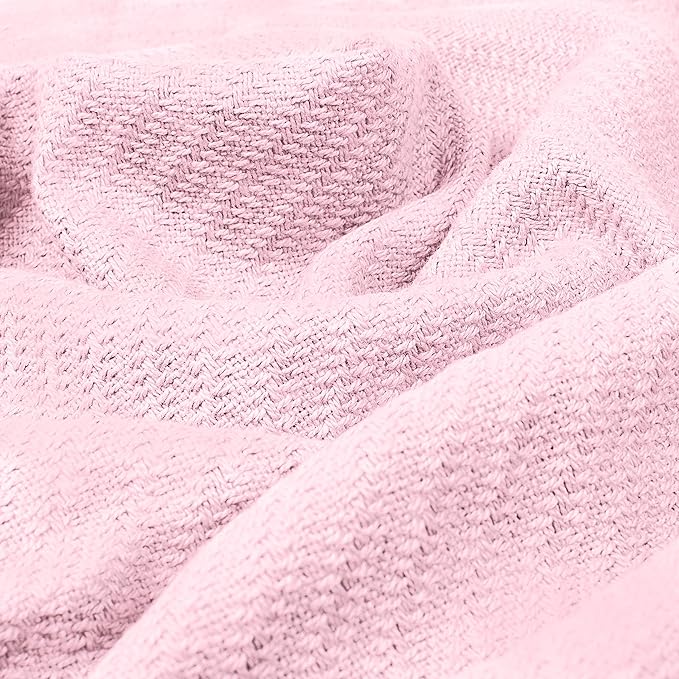 COTTON CRAFT Soft Cotton Thermal Blanket - Plush Herringbone Twill - All Season Luxurious Breathable Skin Friendly Lightweight Cooling Throw Blanket - Sofa Couch Travel Camping Dorm - Twin Light Pink