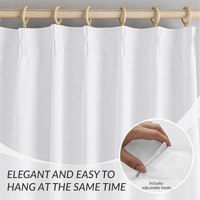 KangBang White Blackout Linen Curtains 96 Inches Long-Pinch Pleated Drapes for Living Room Office Hotel with Hooks, Room Darkening Vertical Curtains & Drapes 2 Panels,40Wx96L, Pure White