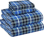 RUVANTI Flannel Sheets Queen Size - 100% Cotton Double Brushed Bed Sheets, Deep Pockets 16 Inches Queen Sheet Set, All Seasons Breathable & Extra Soft - Warm & Cozy, 4 Piece, Blue Plaid