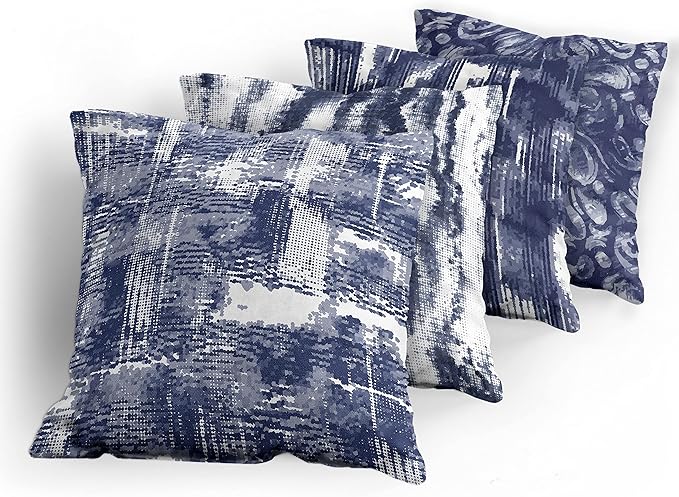 Ambesonne Vintage Throw Pillow Cushion Case Pack of 4, Abstract Grunge Effect Brushstrokes and Waving Striping Stains Paisley Drops, Modern Accent Double-Sided Digital Printing, 24", Violet Blue White