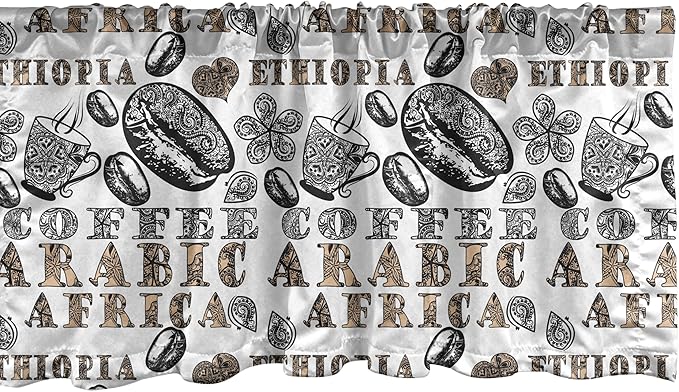 Ambesonne Modern Window Valance, Coffee Beans with Ornamental Words Ethiopians Pattern, Curtain Valance for Kitchen Bedroom Decor with Rod Pocket, 54" X 12", Sand Brown Black