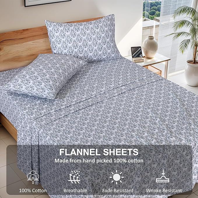 RUVANTI Flannel Sheets Queen Size - 100% Cotton Double Brushed Bed Sheets, Deep Pockets 16 Inches Queen Sheet Set, All Seasons Breathable & Extra Soft - Warm & Cozy, 4 Piece, Damask