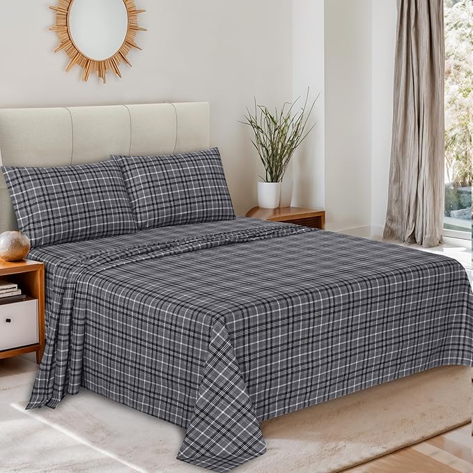 RUVANTI Flannel Sheets Twin Size - 100% Cotton Double Brushed Twin Sheets Set, Deep Pockets 16 Inches, All Seasons Breathable & Extra Soft Bed Sheets, Warm & Cozy, 3 Piece, Grey Plaid
