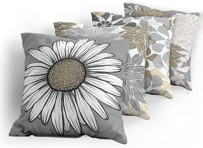 Ambesonne Floral Throw Pillow Cushion Case Pack of 4, Flower Petals Modern Color Palette Chamomile Peony Dahlia and Sunflower Print, Modern Accent Double-Sided Digital Printing, 24", Slate Brown Grey
