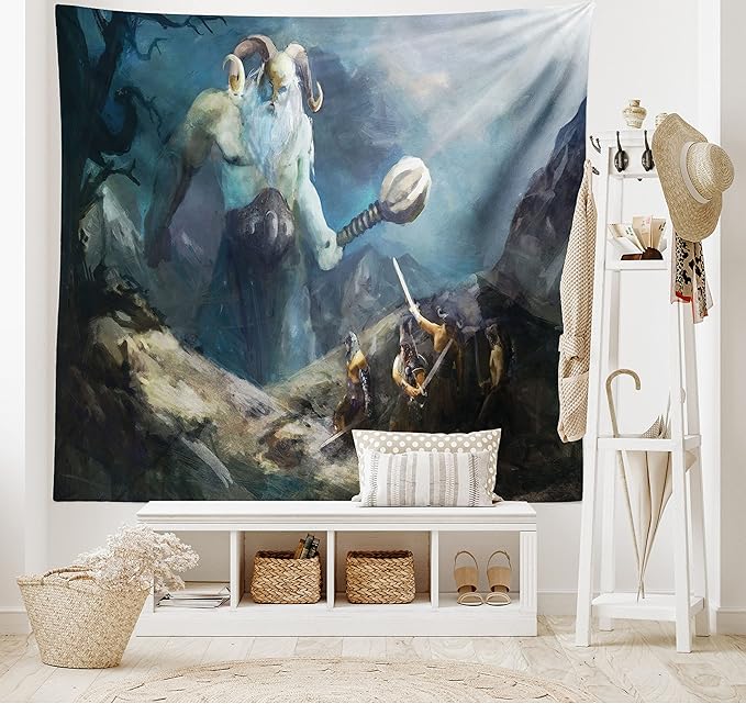 Lunarable Viking Tapestry, Heroes of Valhalla with Mythological Frost Giant Norse Culture Watercolor Design, Wide Wall Hanging for Bedroom Living Room Dorm, 80" X 60", Grey Blue