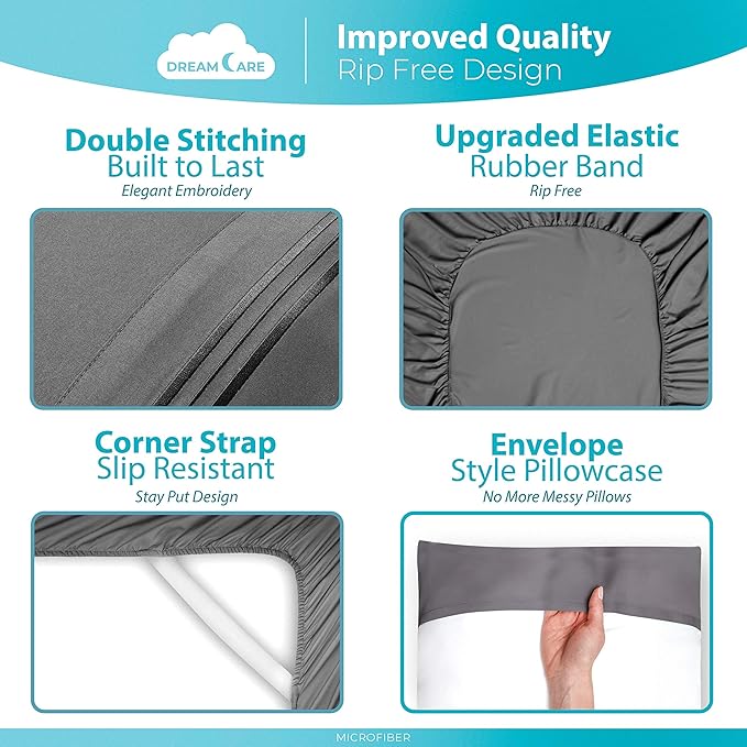 DREAMCARE Twin Sheets - 3pcs Cooling Sheets – up to 21” Extra Deep Pocket Twin Bed Sheets - Twin Sheet Set - Bed Sheets Twin - Soft & Long Lasting 100% Fine Brushed Polyester with Side Pocket - Gray