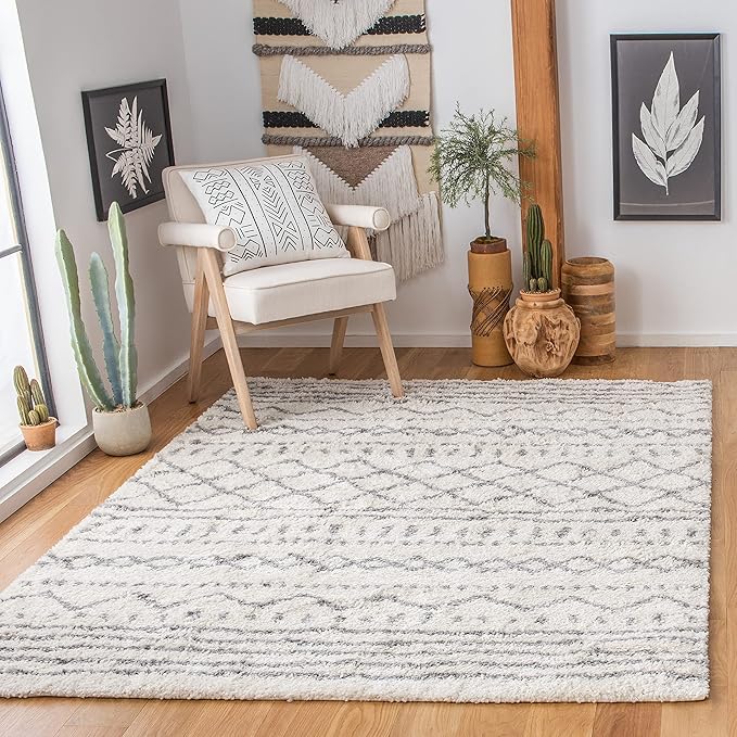 SAFAVIEH Arizona Shag Collection Area Rug - 5'1" x 7'6", Ivory & Grey, Moroccan Design, Non-Shedding & Easy Care, 1.6-inch Thick Ideal for High Traffic Areas in Living Room, Bedroom (ASG741F)