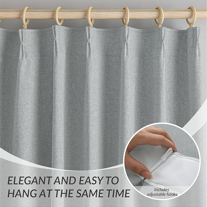 KangBang Pinch Pleated Grey Blackout Curtains 102 Inches Long, Linen Textured Noise Blocking Curtains for Living Room, Elegant Pleat Modern Drapes with Hooks,42" W x 102" L, Fog Grey,2 Panels