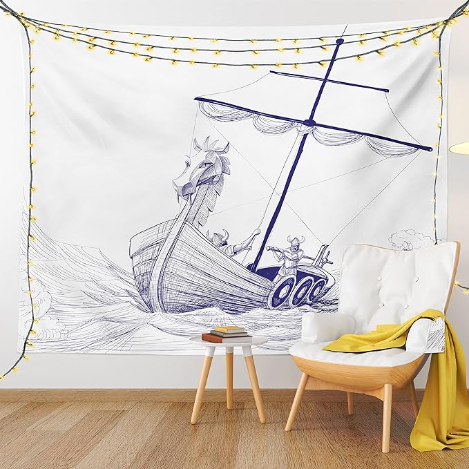 Lunarable Viking Tapestry, Drakkar Long Boat with Dragon on Bow of Ship Monochrome Marine Pattern, Fabric Wall Hanging Decor for Bedroom Living Room Dorm, 23" X 28", White Purple