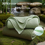 Bedsure Cooling Cotton Waffle Full Size Blanket - Lightweight Breathable Blanket of Rayon Derived from Bamboo for Hot Sleepers, Luxury Throws for Bed, Couch and Sofa, Green, 80x90 Inches