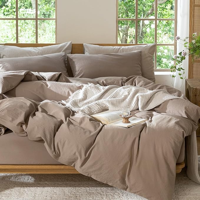 MooMee Bedding Duvet Cover Set 100% Washed Cotton Linen Like Textured Breathable Durable Soft Comfy (Solid Brown, Oversized Queen 98"x98")