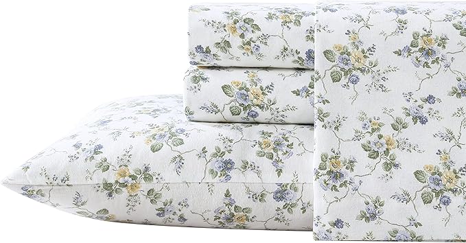 Laura Ashley - Flannel Sheets King Size, Anti-Pilling & Wrinkle Resistant Cotton, Touchably Soft for All-Season Comfort - Bed Sheets with Matching Pillowcases & Fitted Sheet (Le Fleur Cottage Blue)
